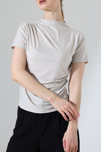 Women's Stoned Sandy Draped High Neck Blouse