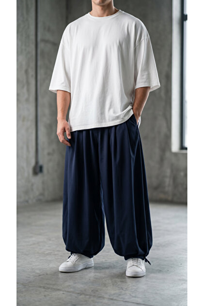 Men's Hakama Street Style Printed Wrinkled Sports Shalwar Trousers