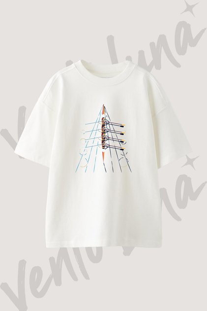 Rowing Boat Tasarım Baskılı Unisex Oversize Kalıp Beyaz Tshirt