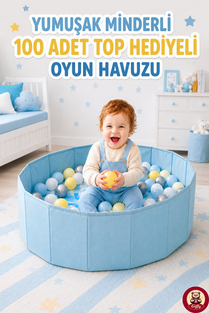 Oyuncak Yumuşak Minderli Top Havuzu 100 Adet 6 cm Top Hediyeli Katlanabilir Yıkanabilir Su Tutmaz Kumaş Bebek Çocuk Oyun Havuzu 80x25 cm