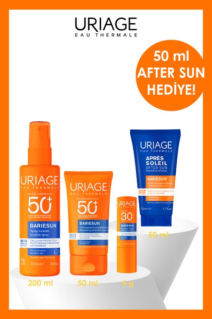 BARIESUN SPF50+ Güneş Seti 200 ml Sprey+ 50 ml Yüz Kremi+ 4 g Dudak Koruyucu+ 50 ml Aftersun Hediye