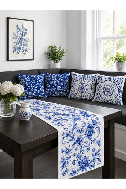 Navy Blue and White Tile Flower Runner and Set of 4 Throw Pillow Covers Decorative Pillow