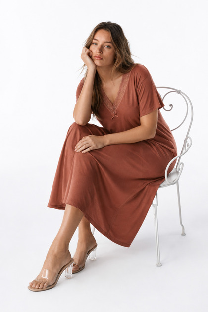 Bamboo Viscose Fabric V Lace Collar Detailed Flared Dress