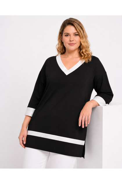 Women's Plus Size Black-White, Silver Stone Detailed, V-Neck Viscose Blouse 65N39588