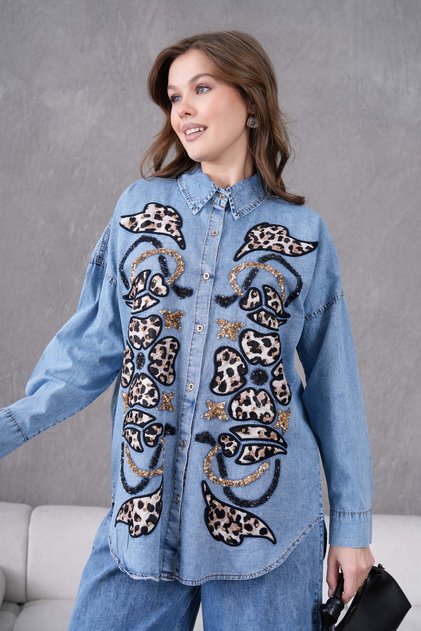 Women's Sequin Embroidery Detailed Shirt and Jeans Set