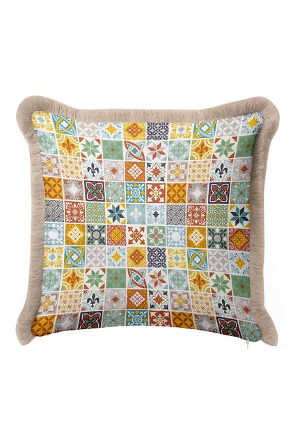 Sicilian Ceramic Motif Fringed Pillowcase-Mediterranean Italian Yellow Green Mink Tassel Throw Pillow Cover