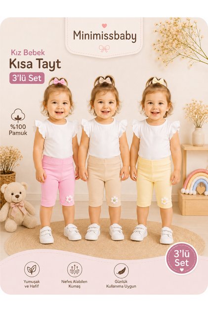 Floral Detailed Pastel Color Baby Girl Cotton Short Leggings Set of 3
