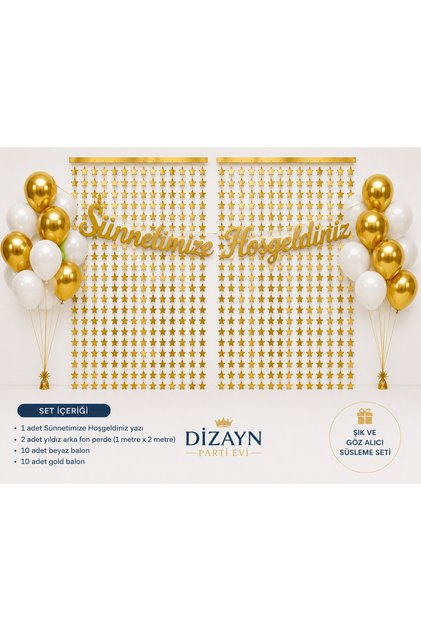 Sünnetimize Hoşgeldiniz Gold Duvar Süsleme Seti | Yıldız Fon Perde, Taç, Kupa ve Balonlu Parti Konsepti