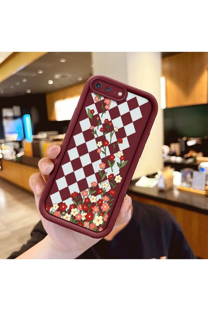iPhone 8 Plus Compatible Case Camera Protector Burgundy Silicone Couple Phone Case Floral Pattern