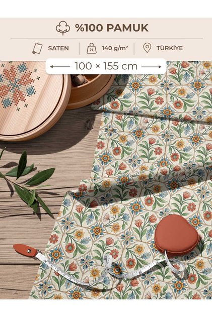 100% Cotton Satin Fabric 100X155 cm Cream Background Orange Blue Botanical Floral Patterned Decorative Patchwork Fabric