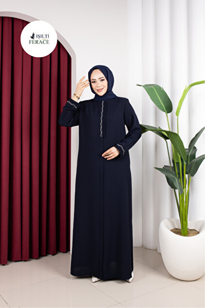 فستان سميري مزين بالكشكشة والأحجار (أزرق داكن)