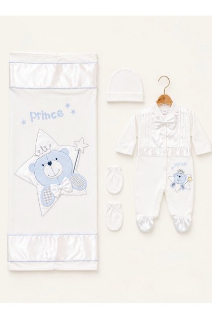 Baby Boy Prince Teddy Bear Embroidered 4-Piece Romper and Blanket Set