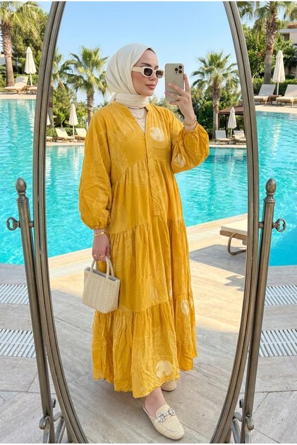 Women's Wave Patterned Summer Long Hijab Dress (Unlined)