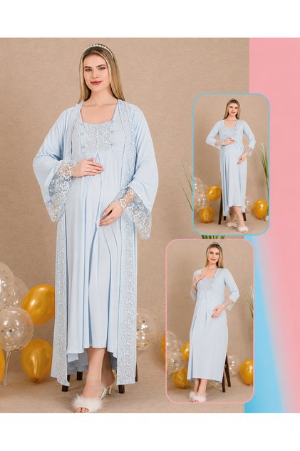 Blue Maternity 2-Piece Set with Lace Detail, Maternity Nightgown & Dressing Gown Set