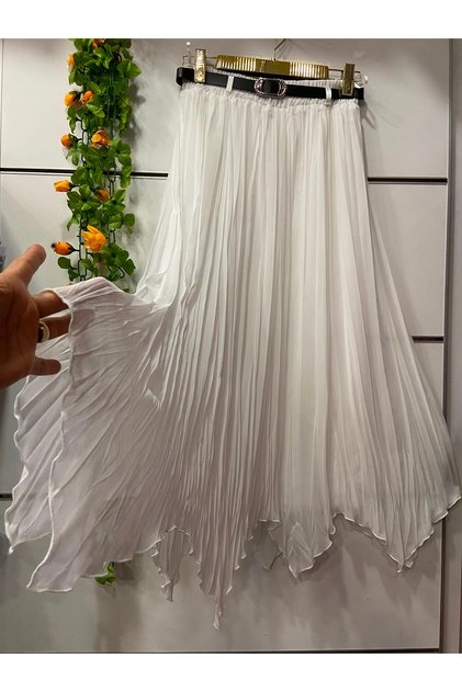 Asymmetrical Cut Chiffon Skirt with Lining and Belt White