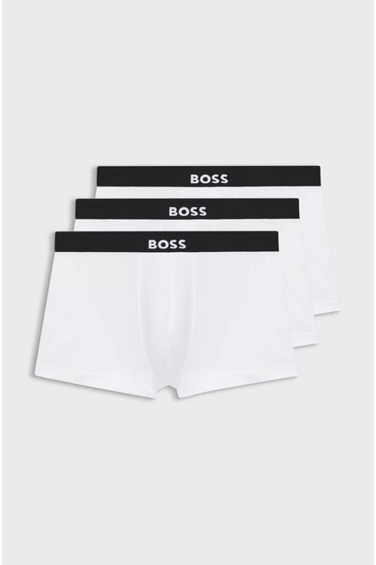 Erkek Logolu Bel Bantlı Organik Pamuk Karışımlı 3'lü Paket Beyaz Boxer