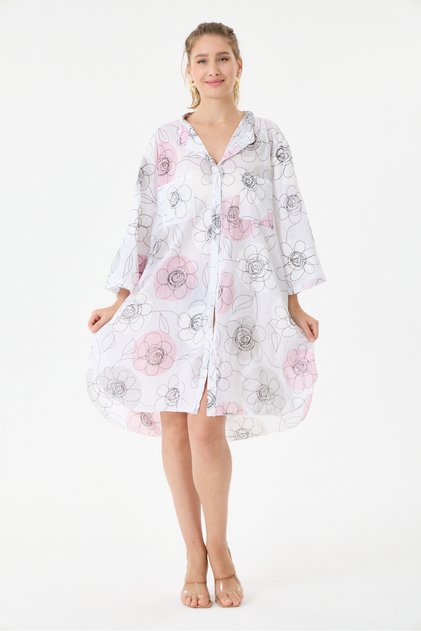 White Italian Plus Size Floral Patterned Tunic Shirt Dress 42 - 46 Size