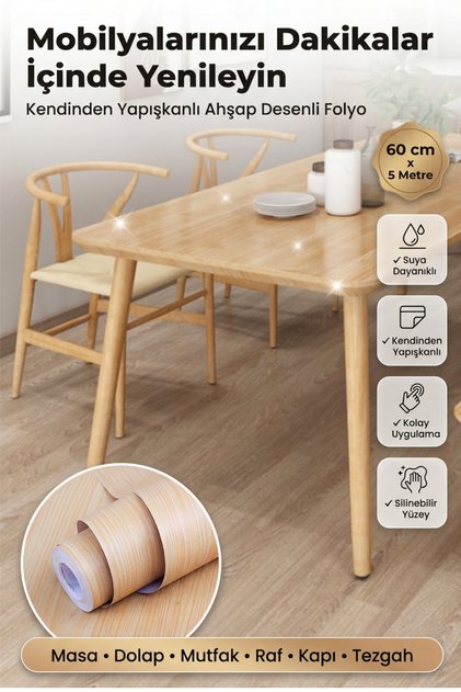 Kendinden Yapışkanlı Ahşap Desenli Mobilya Kaplama Folyosu 60 cm x 5 m Su Geçirmez