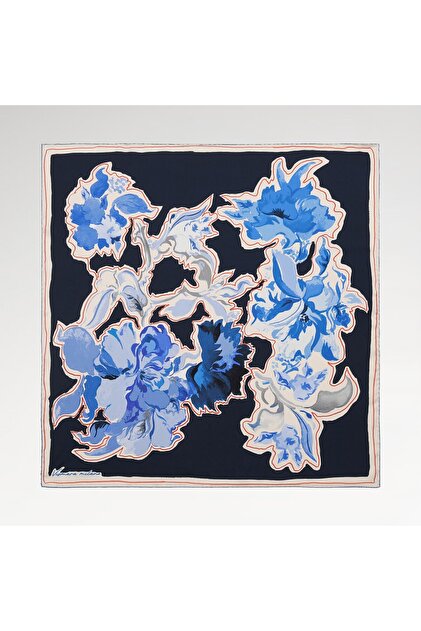 Milano Women's Abstract Flora Patterned Tivil Silk Scarf Dark Blue 90X90