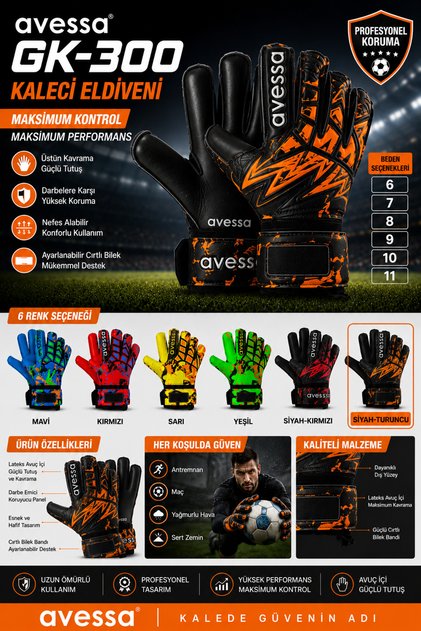 GK-300 Profesyonel Kaleci Eldiveni Latex Avuç İçi Futbol Kaleci Eldiveni 6-7-8-9-10-11 Numara 6 Renk Seçeneği
