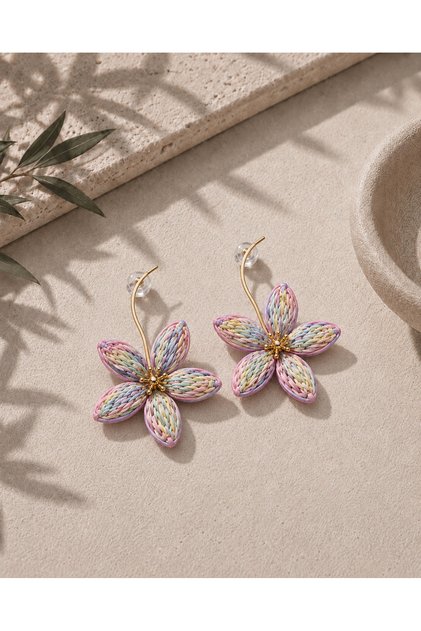 Pastel Flower Figured Gold Detailed Colorful Women's Earrings