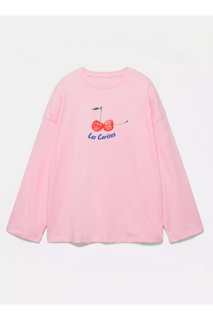 100% Cotton Oversize Fit Les Corises Printed - Crew Neck Long Sleeve T-Shirt