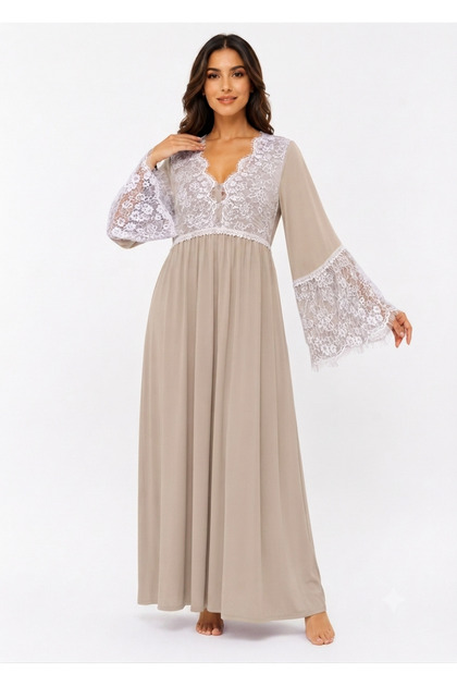 Long Nightgown with Lace on the Chest Long Sleeve Cotton