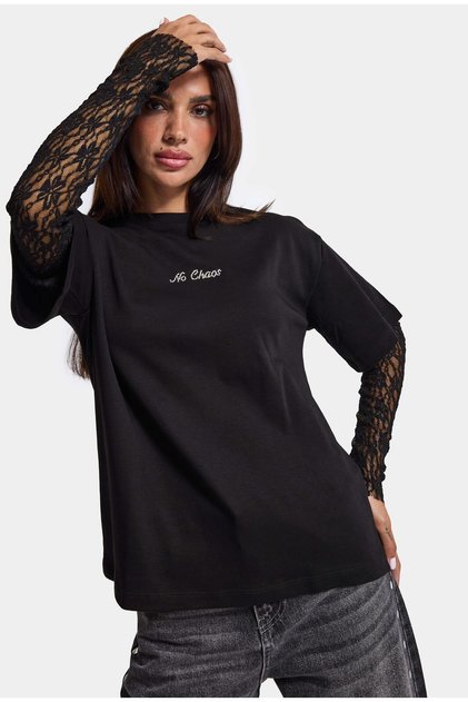 Schwarzes w6-1 Oversize-T-Shirt mit Spitzenverzierung und langen Ärmeln für Damen