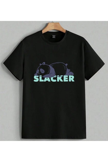 Slacker Panda Sleeping Caricature Printed Unisex Oversize T-Shirt Black