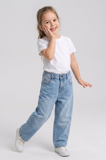 Girl's Baggy Denim Trousers with Adjustable Waist and Comfortable Fit