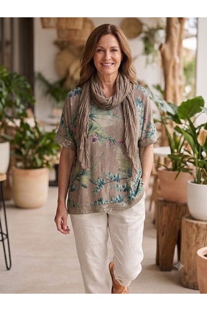 Women's Italian Bali Patterned Loose Blouse with Sequin Detail on Sleeves and Hem, and Scarf