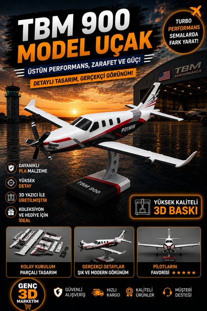 TBM 900 Maket Uçak Kit Kartı - Demonte 3D Model Uçak Maketi - Havacılık Hobi ve Dekoratif Masaüstü Uçak Maketi