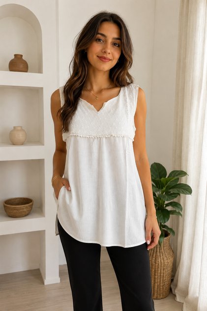 Size 38 Guipure Lace Muslin Fabric White Sleeveless Women's Blouse Lined on the Front and Unlined on the Back