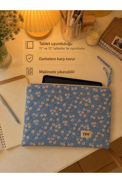 Pembe çiçek desenli tablet kılıfı- 11-12 inç