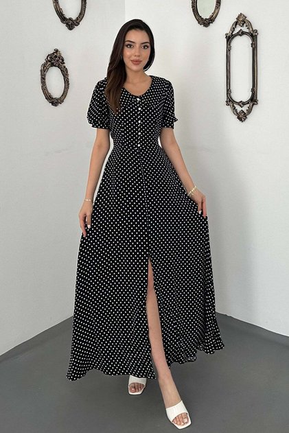 Women's Black Polka Dot V-Neck Buttoned Short Sleeve Slit Flared Maxi Dress