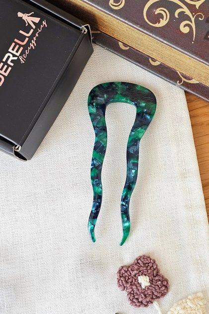 Green Marble Patterned Zigzag Acetate Bone U Bun Hairpin 11cm- French Pin Women's Stick Hairpin Hair Stick