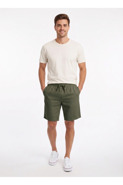 Men's Khaki Cotton Linen Look Relaxed Shorts with Elastic Waist
