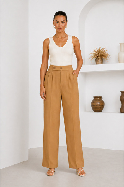 Camel High Waist Double Button Detailed Pleated Wide Leg Women's Fabric Trousers