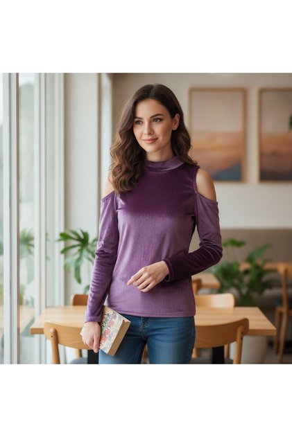 Women's Velvet Fabric Shoulder Cutout Long Sleeve Purple Color Blouse Bb2773