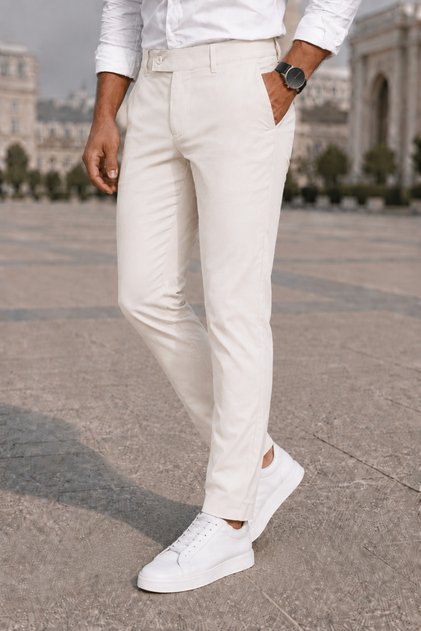 Pantaloni pentru bărbați din țesătură albă, croială slim, din lycra, până la gleznă, cu buzunar lateral