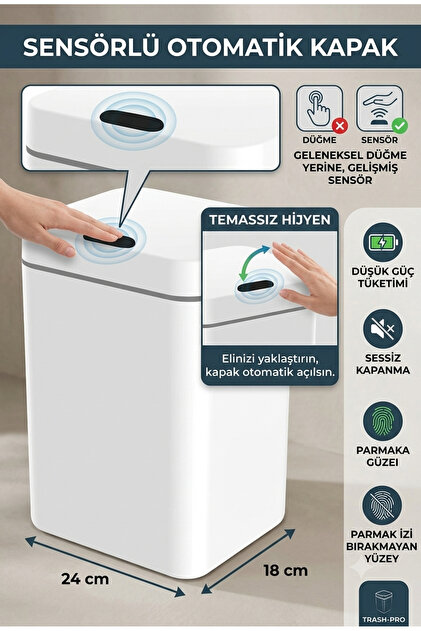 Otomatik Sensörlü Çöp Kovası Beyaz Yeni Nesil Çöp Kovası 12 Lt ( Pil Hediyeli)