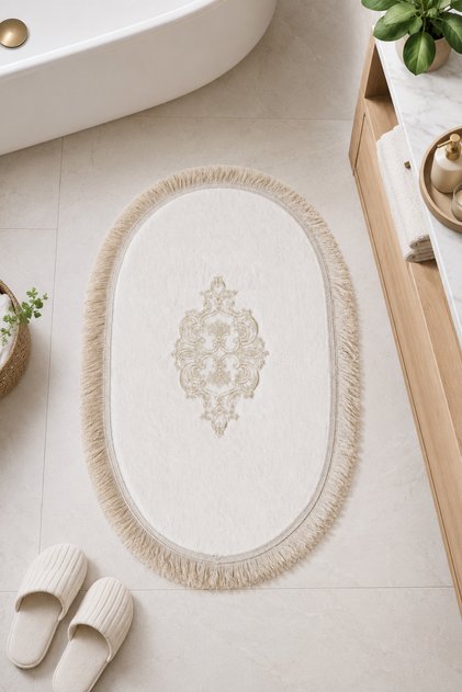 White Embroidered Non-Slip Leather Based Oval Bath Mat with Tassels Washable Bathroom Set Simela