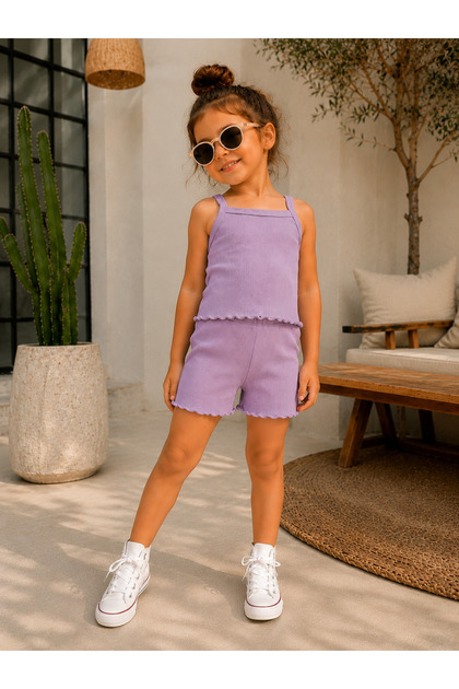 Girl's Lilac Color Crop Top and Shorts Two-Piece Stylish Summer Set