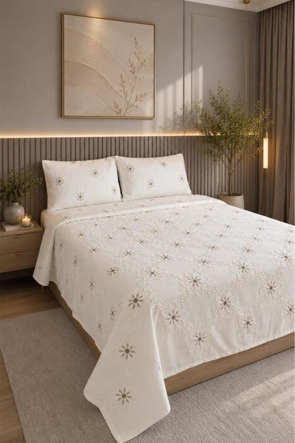 Aselina Embroidered Chenille 3 Piece Double Bedspread Cream - Beige