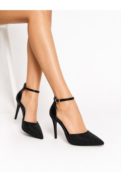Kadın Siyah Taşlı Sivri Burun Bilekten Bantlı Stiletto Ayakkabı