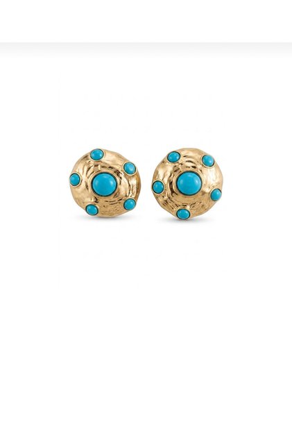 Gold Steel Resin Blue Stone Round Earrings