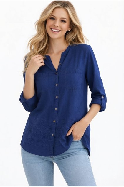 Women's Cotton Long Sleeve Roll‑Up Pocket Shirt 1136
