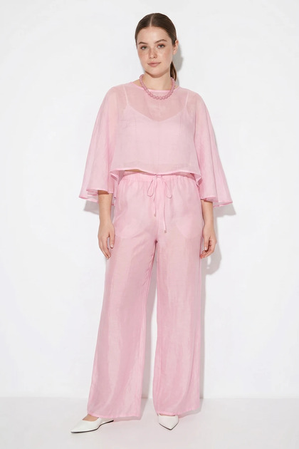 Women's Cape Blouse with Elastic Waist and Tie, Loose Trousers, Pink Set