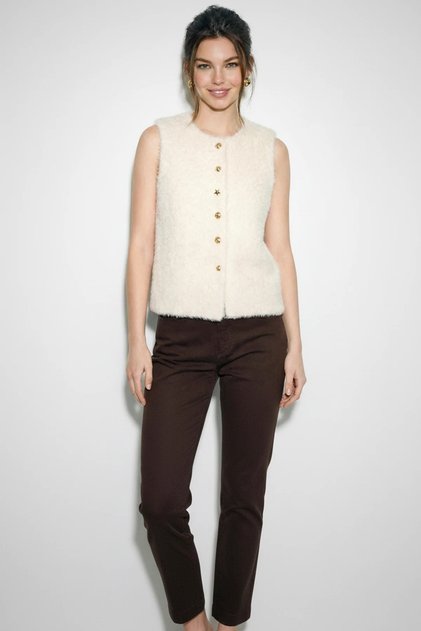 Women's Soft Textured Bearded Button Detailed Lined Cream Vest