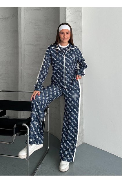 Women's New Season Triangle Patterned 3-Piece Crop Top and Zippered Front Navy Blue Tracksuit Set